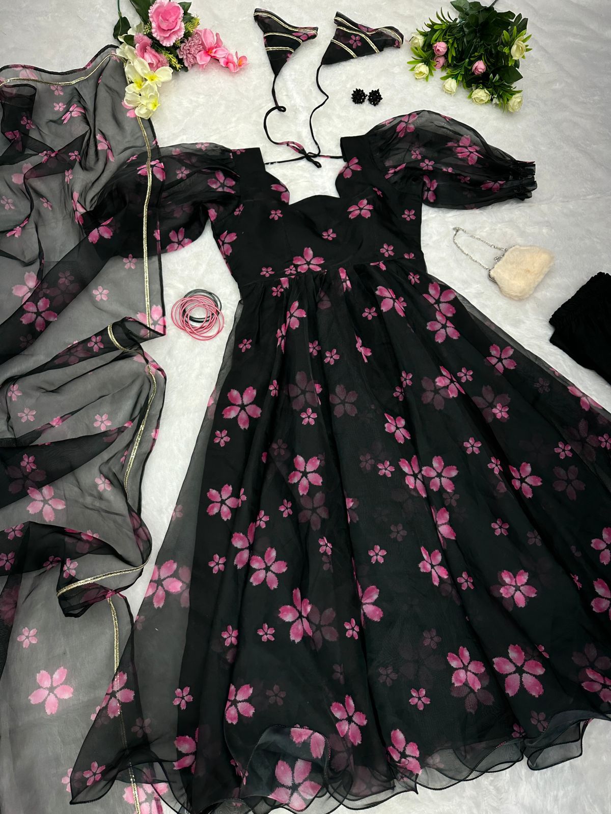 Organza Black Color Digital Flower Printed Gown