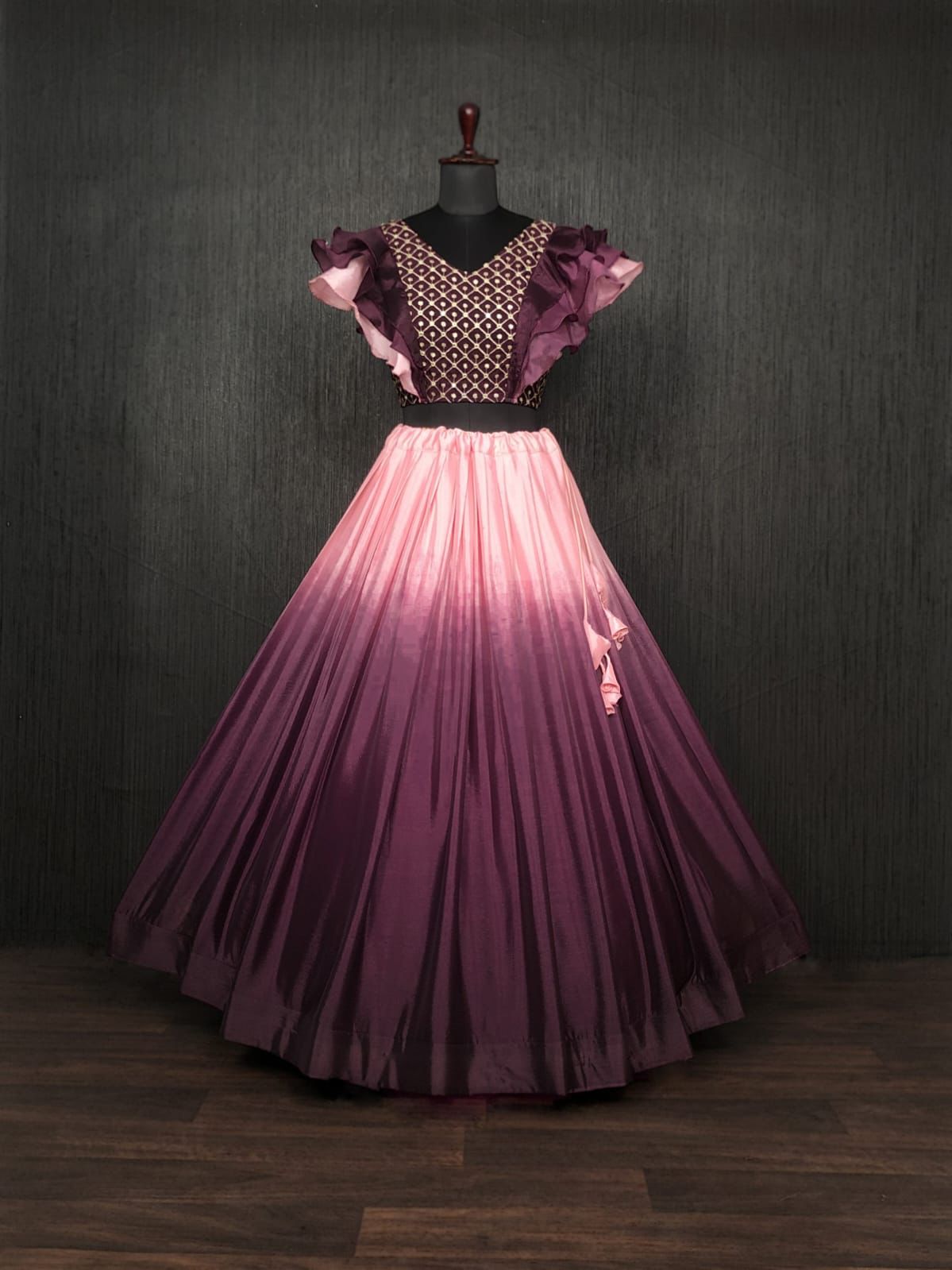 Luxuriant Wine Color Shade Crop Top Lehenga Choli