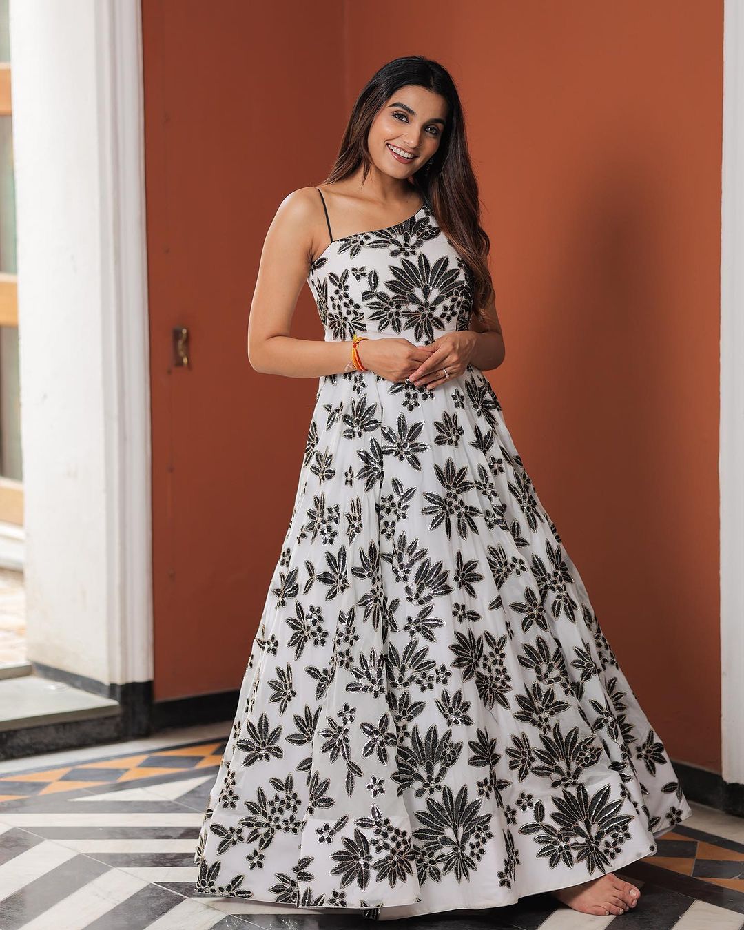 Party Wear Sequence Work White And Black Color Gown