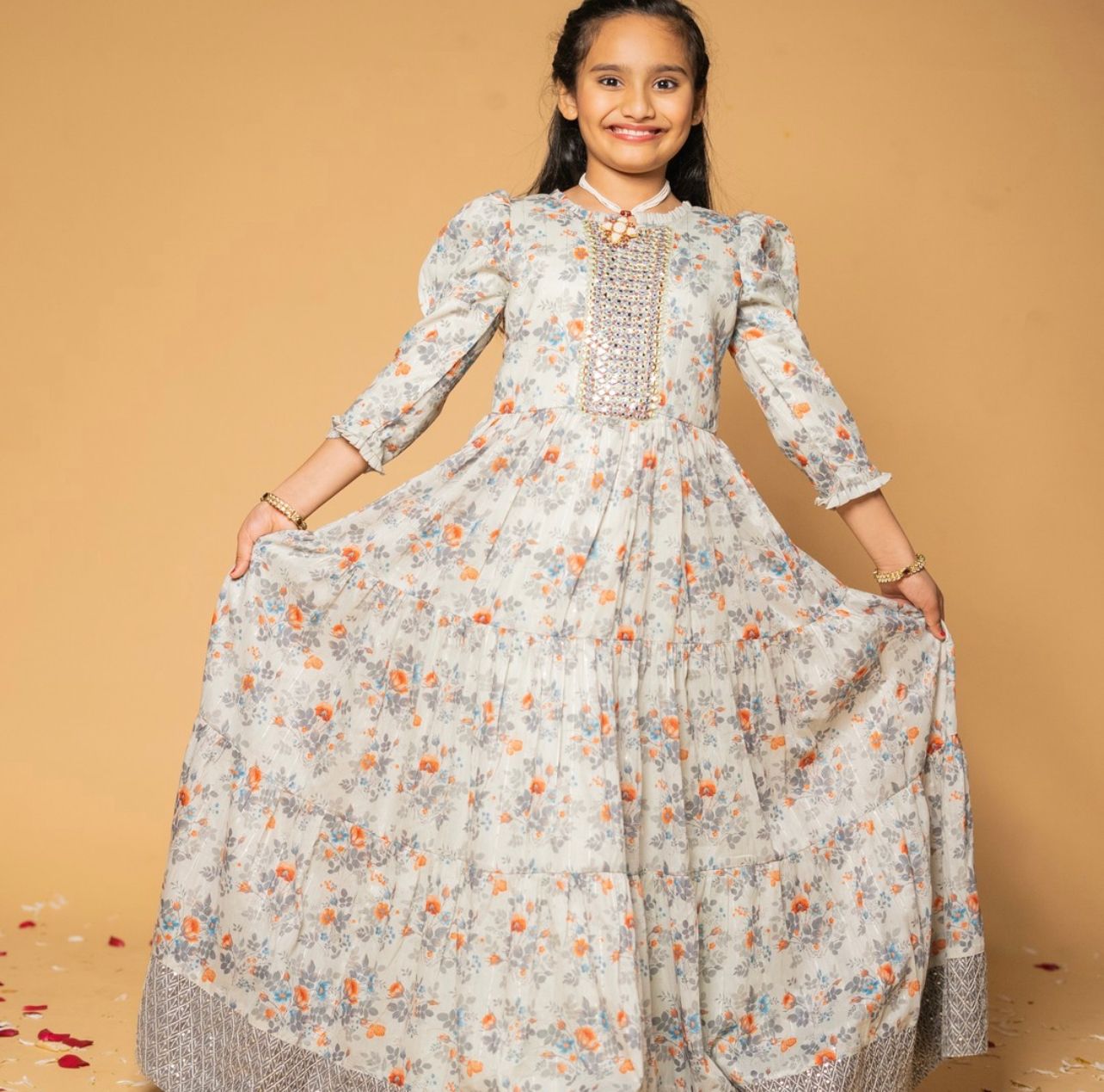 Stylish White Color Work With Digital Print Girls Gown