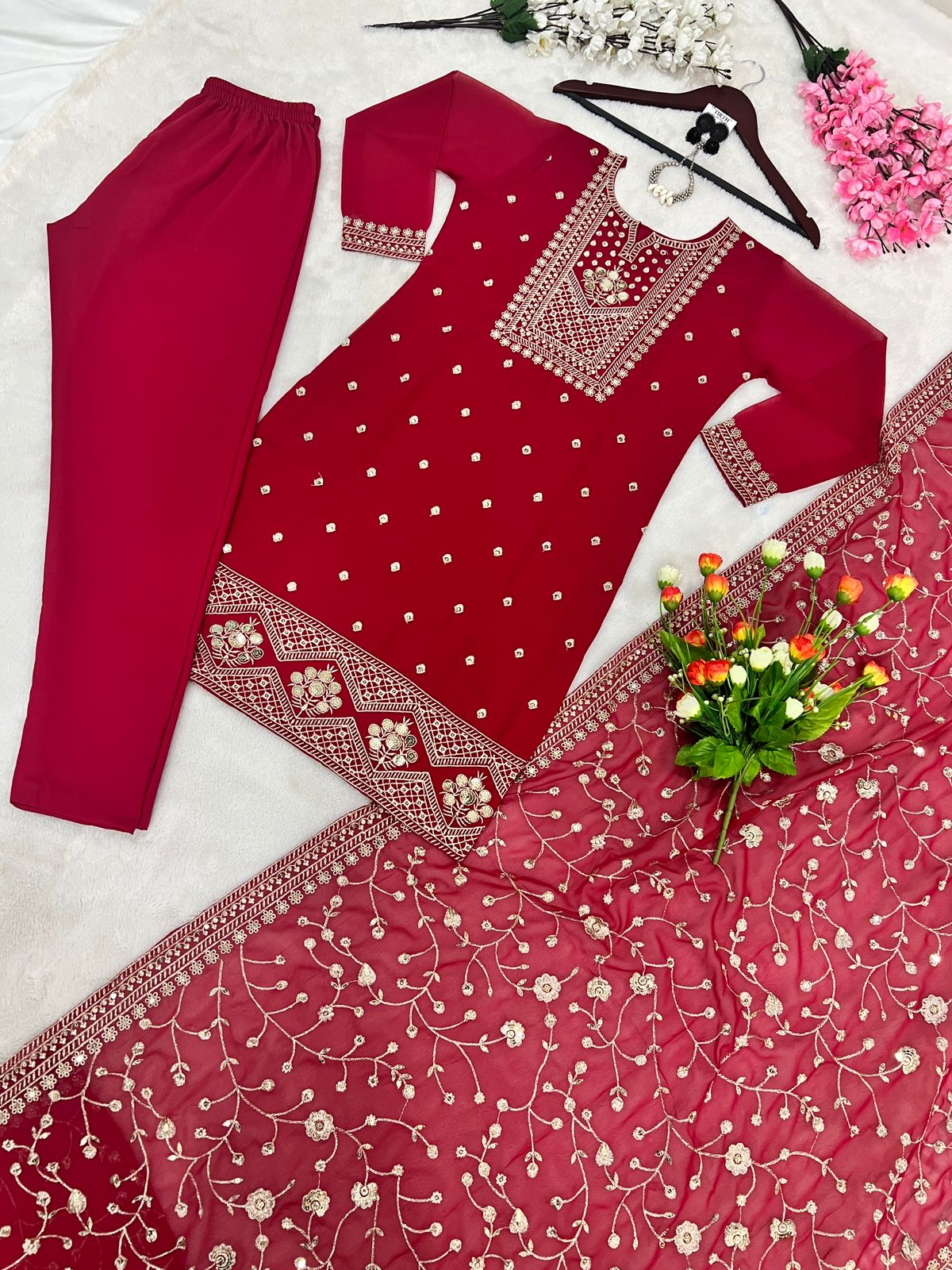 Dazzling Red Color Embroidery Work Salwar Suit