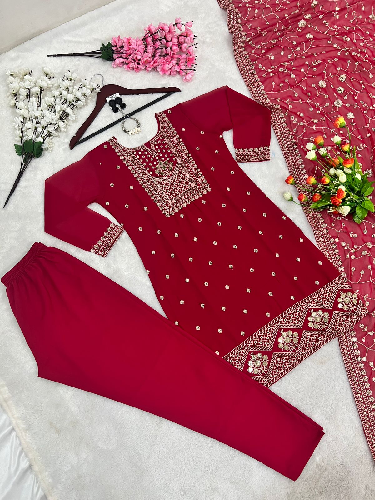 Dazzling Red Color Embroidery Work Salwar Suit