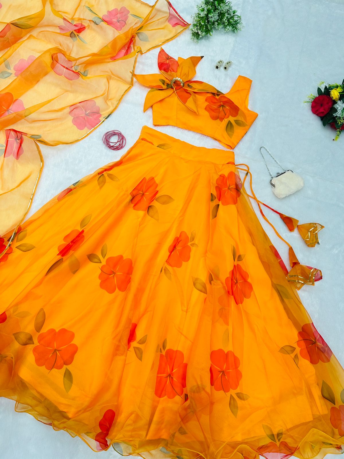 Yellow Color Organza Lehenga With Flower Pattern Blouse