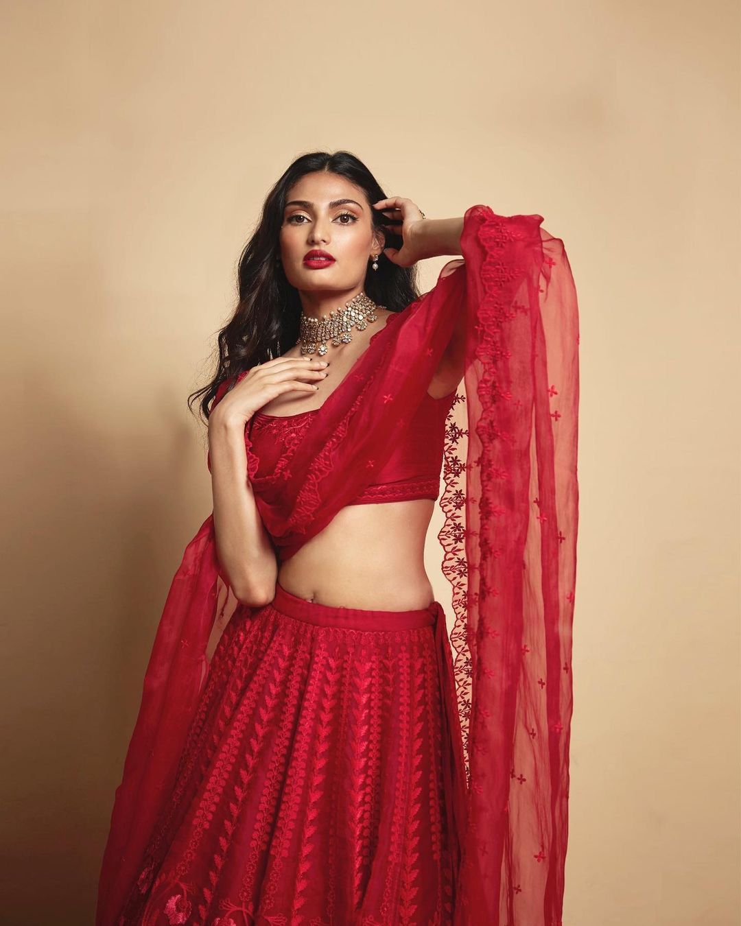 Celebrity Athiya Shetty Style Red Color Lehenga Choli