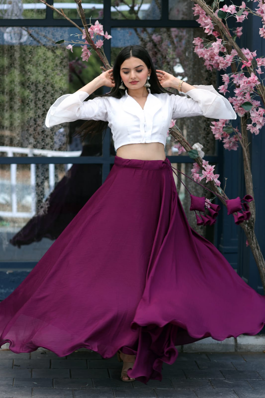 Wine Color Plain Lehenga With White Fancy Top