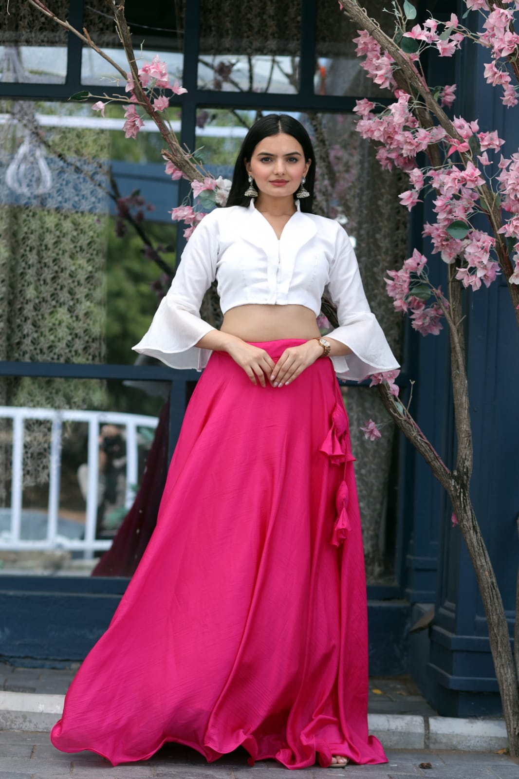 Pink Color Plain Lehenga With White Fancy Top