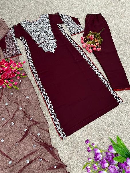Pretty Wine Embroidery Sequence Work Salwar Suit