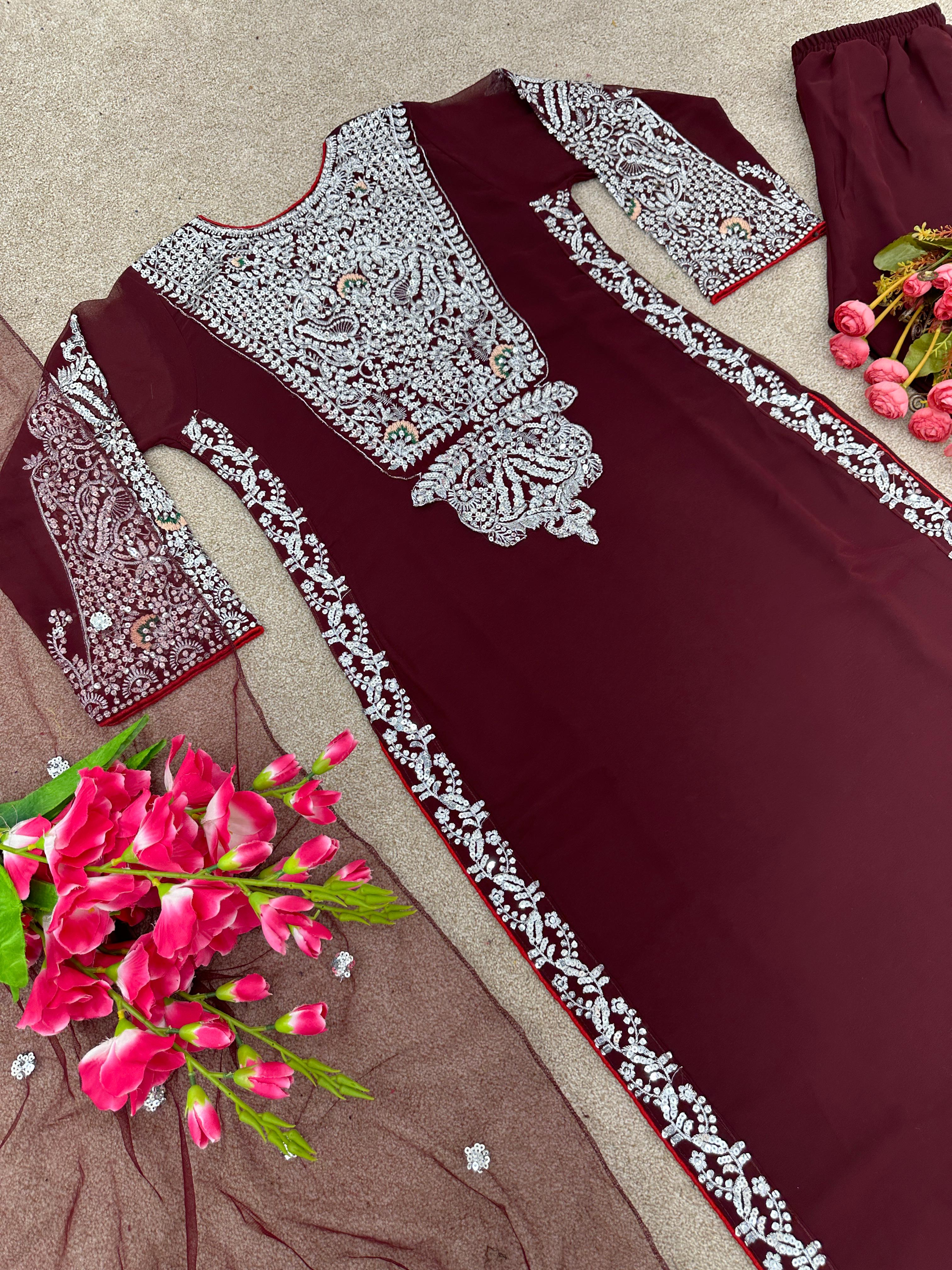 Pretty Wine Embroidery Sequence Work Salwar Suit