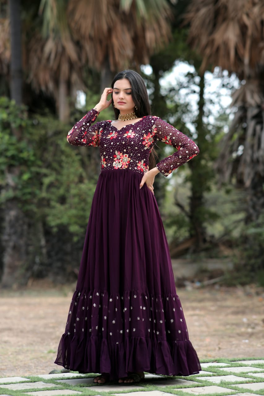 Captivating Wine Color Multi Work Ruffle Gown