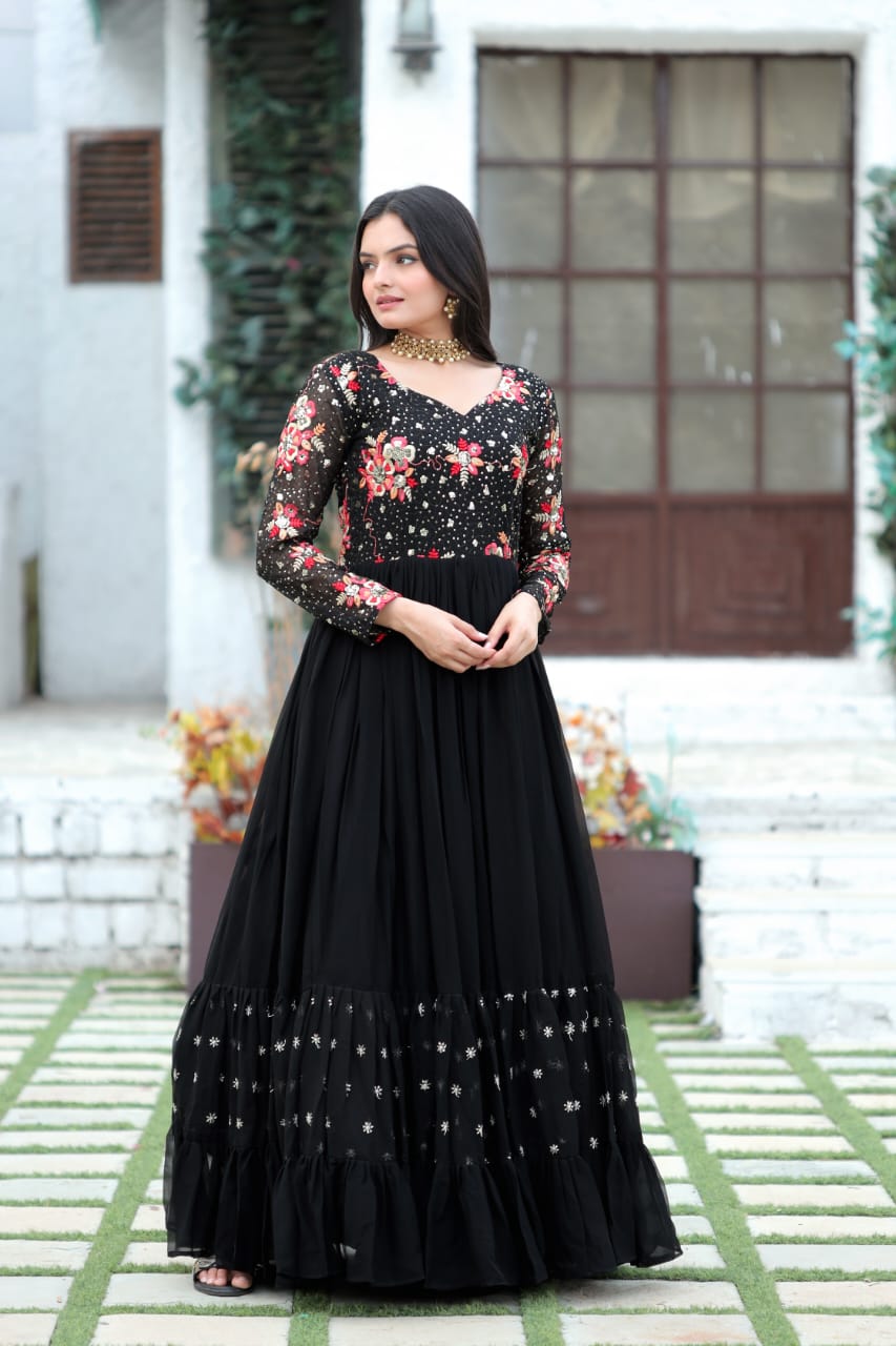 Captivating Black Color Multi Work Ruffle Gown