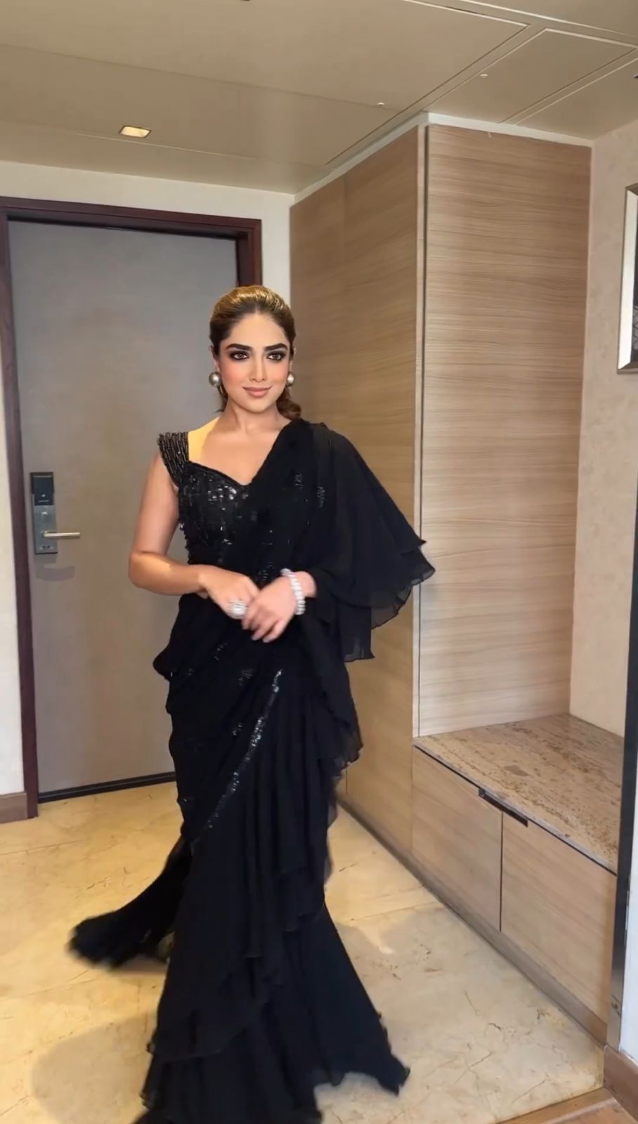Outstanding Black Color Ruffle Style Saree