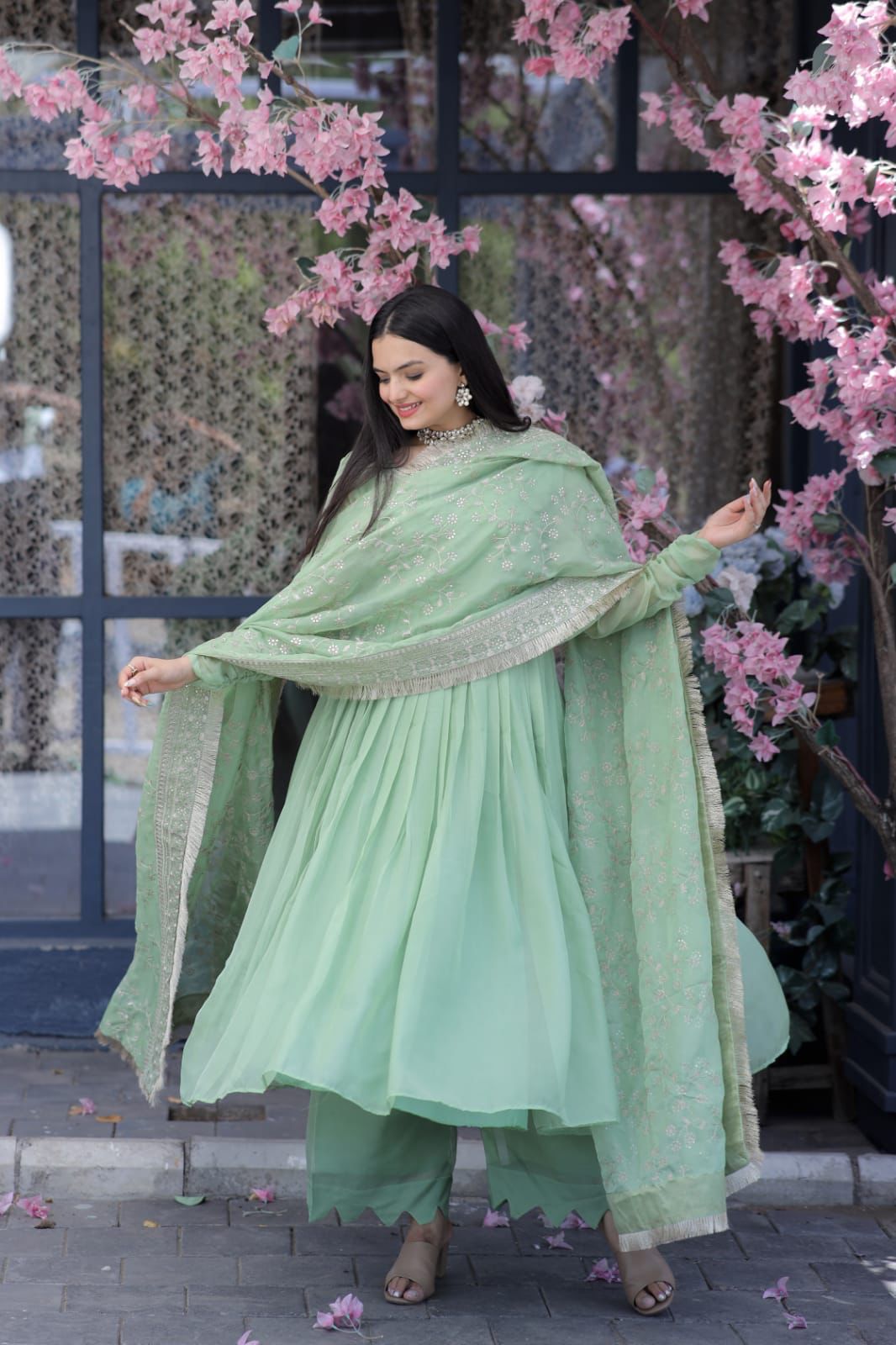 Elegant Pista Color Gown With Embroidered Work Dupatta