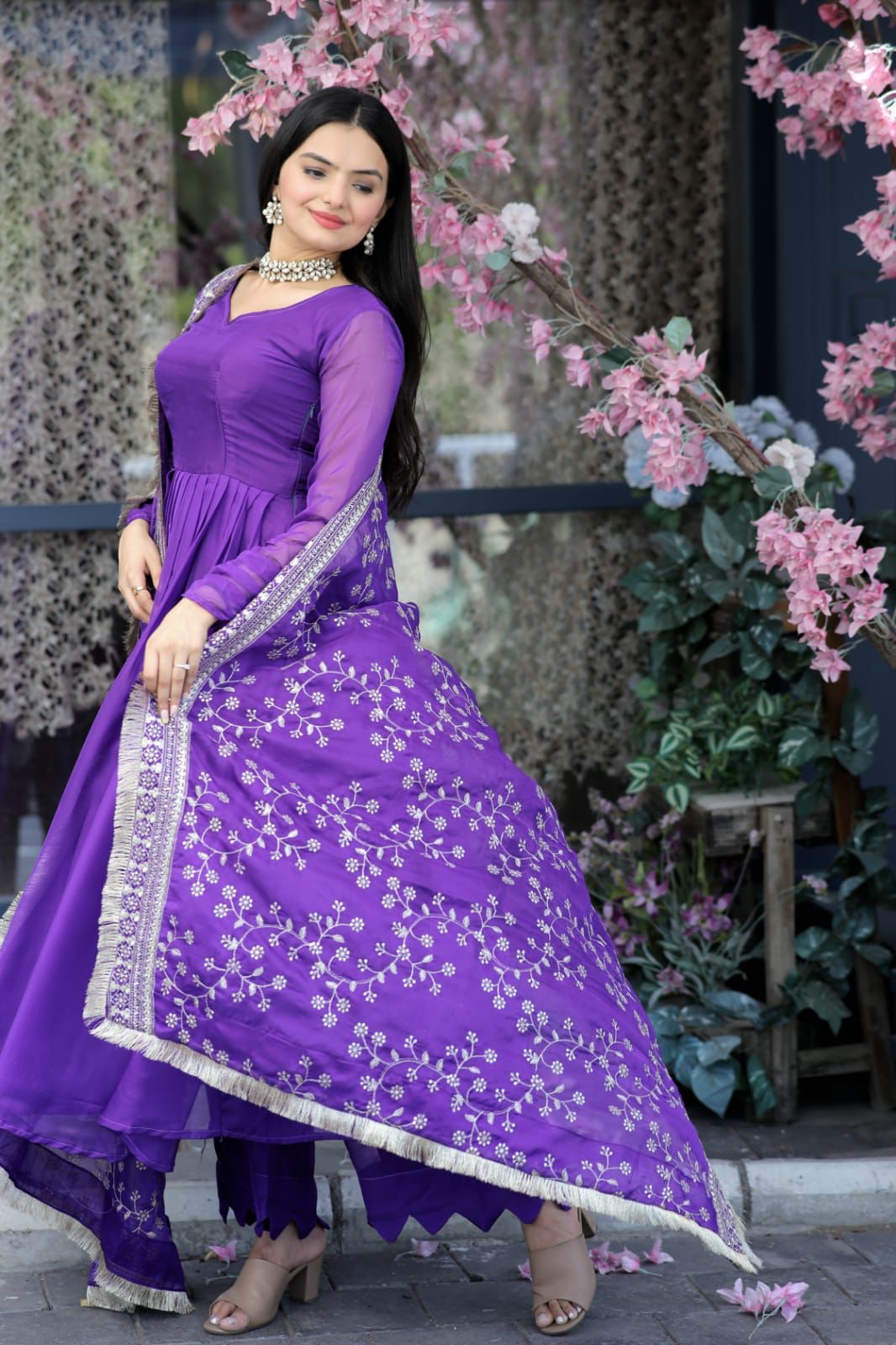 Elegant Purple Color Gown With Embroidered Work Dupatta