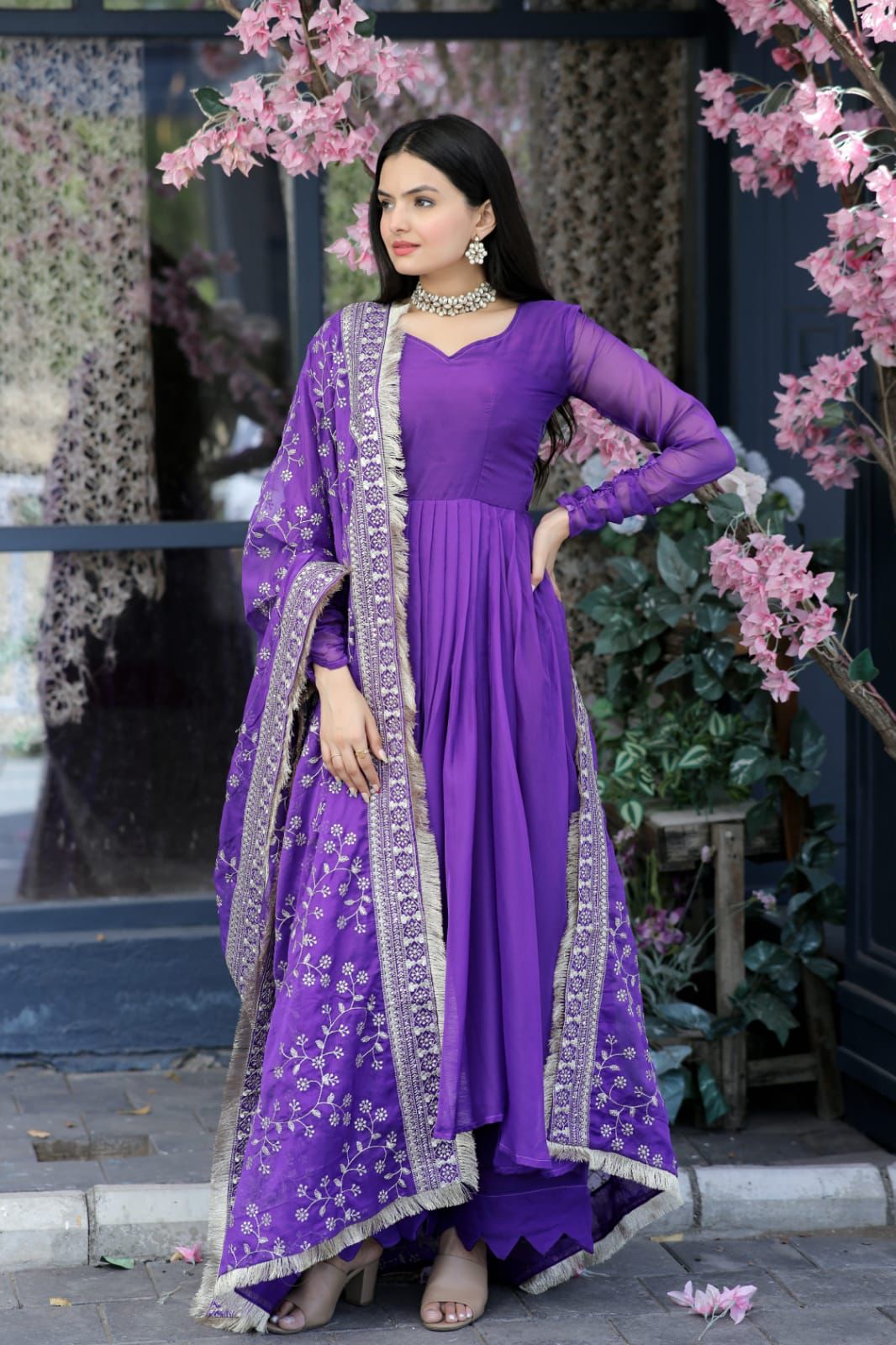Elegant Purple Color Gown With Embroidered Work Dupatta