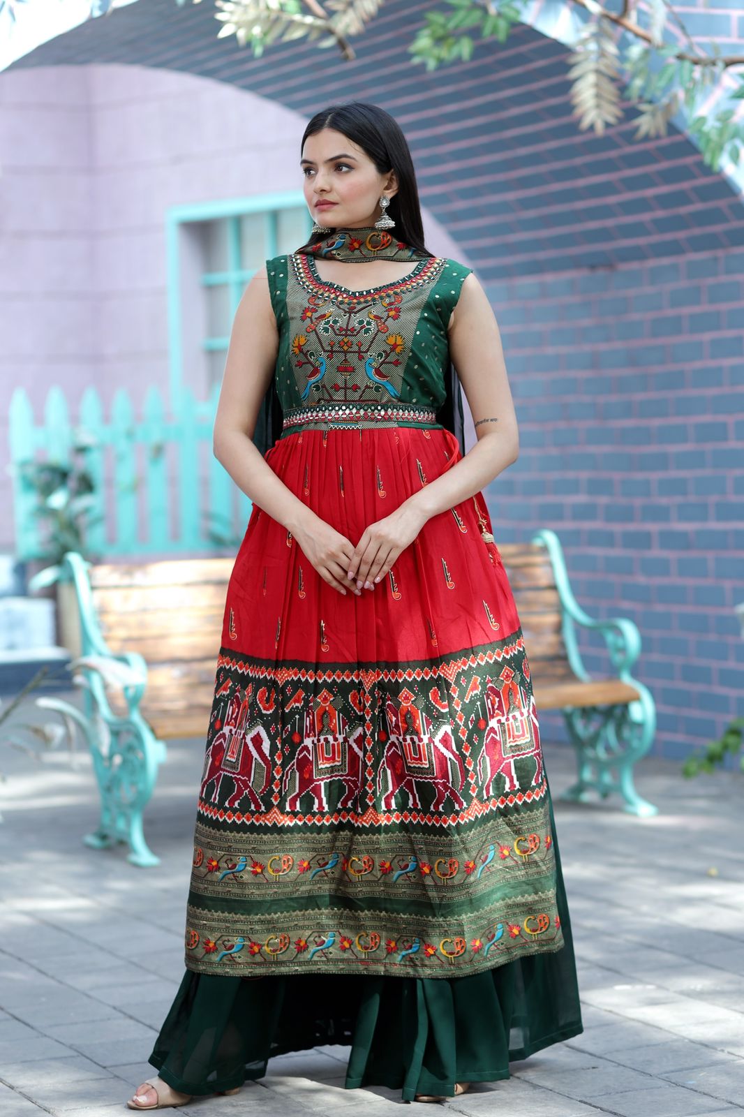 Hand Work With Printed Green With Red Color Sharara Suit