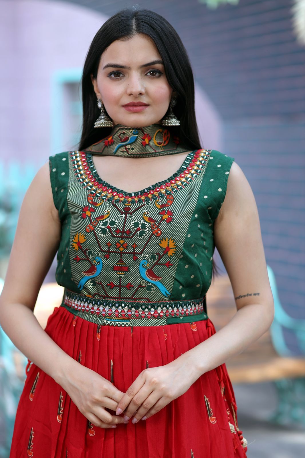 Hand Work With Printed Green With Red Color Sharara Suit
