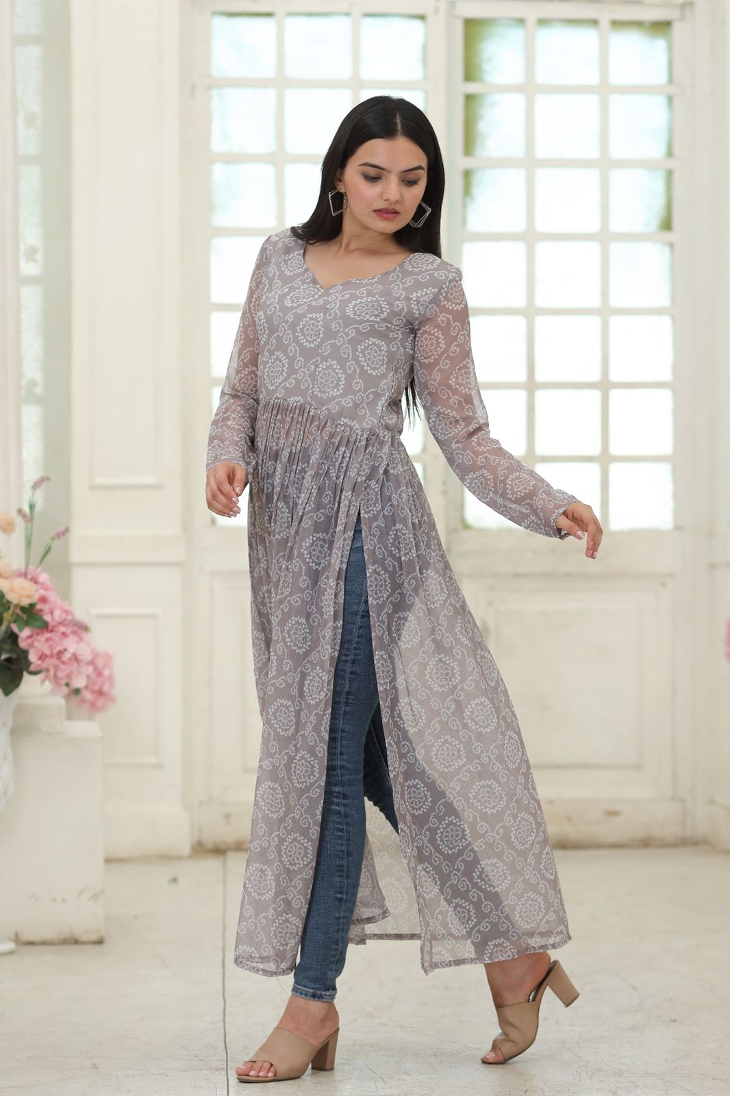 Superhit Gray Color Bandhej Digital Print Kurti