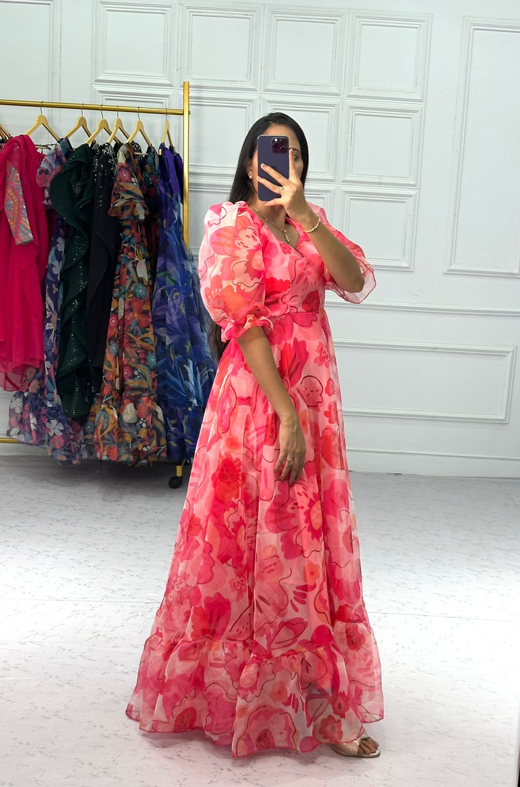 Innovative Red Color Organza Digital Print Drees