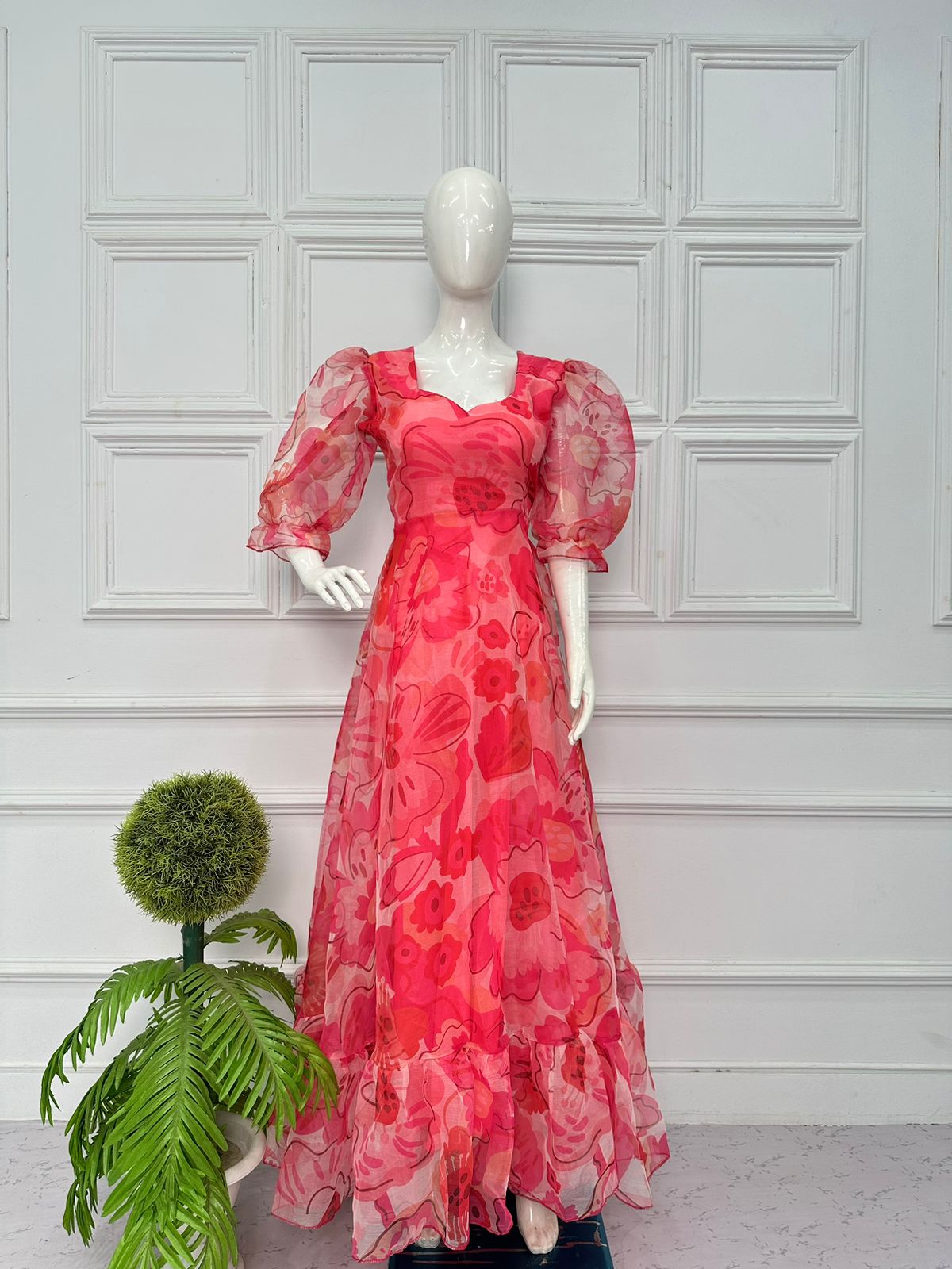 Innovative Red Color Organza Digital Print Drees