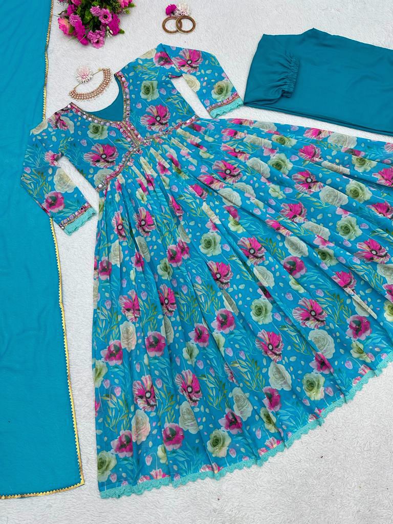 Mirror Work Sky Blue Color Digital Print Gown