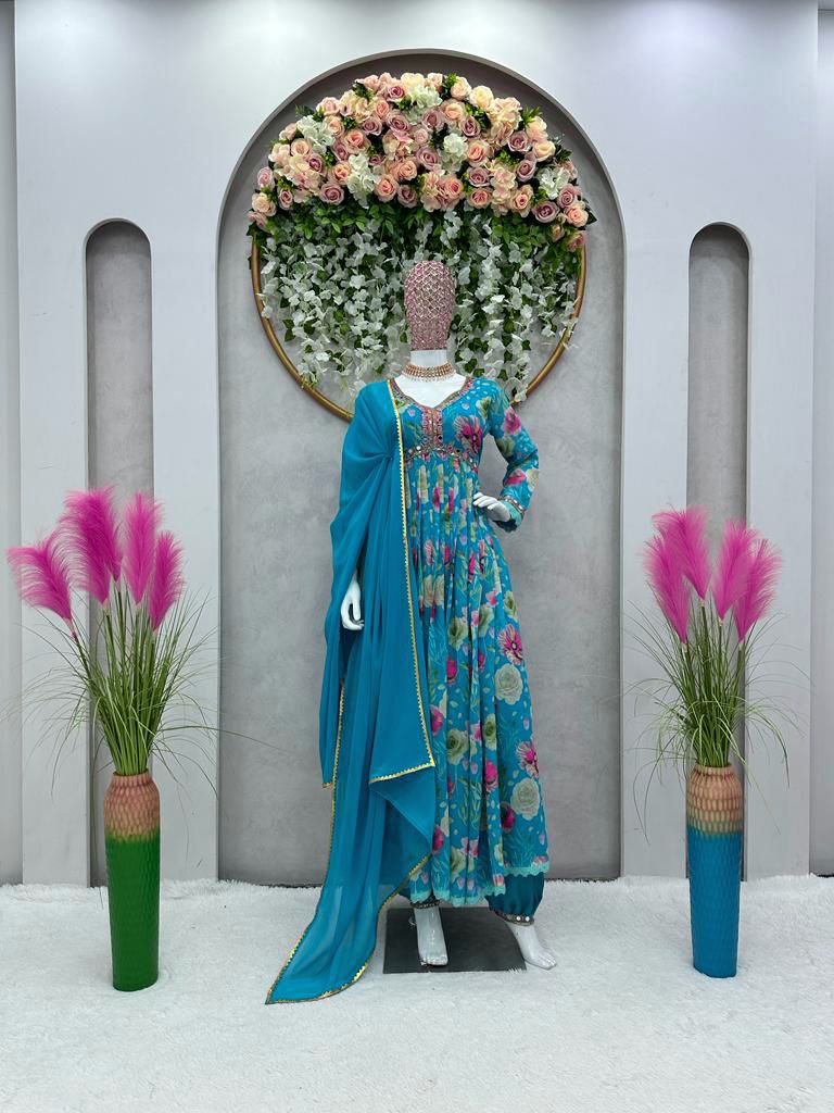 Mirror Work Sky Blue Color Digital Print Gown