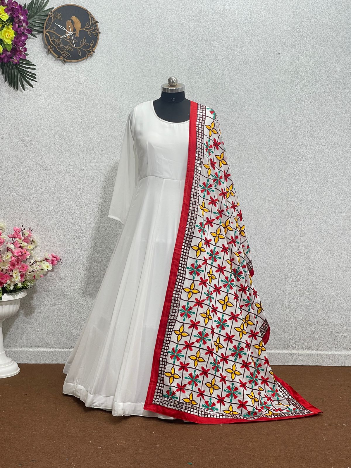 Plain White Gown With Beautiful Work Dupatta