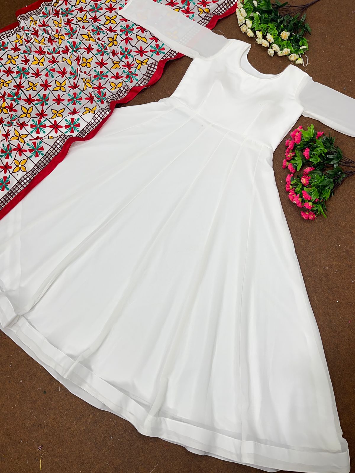 Plain White Gown With Beautiful Work Dupatta