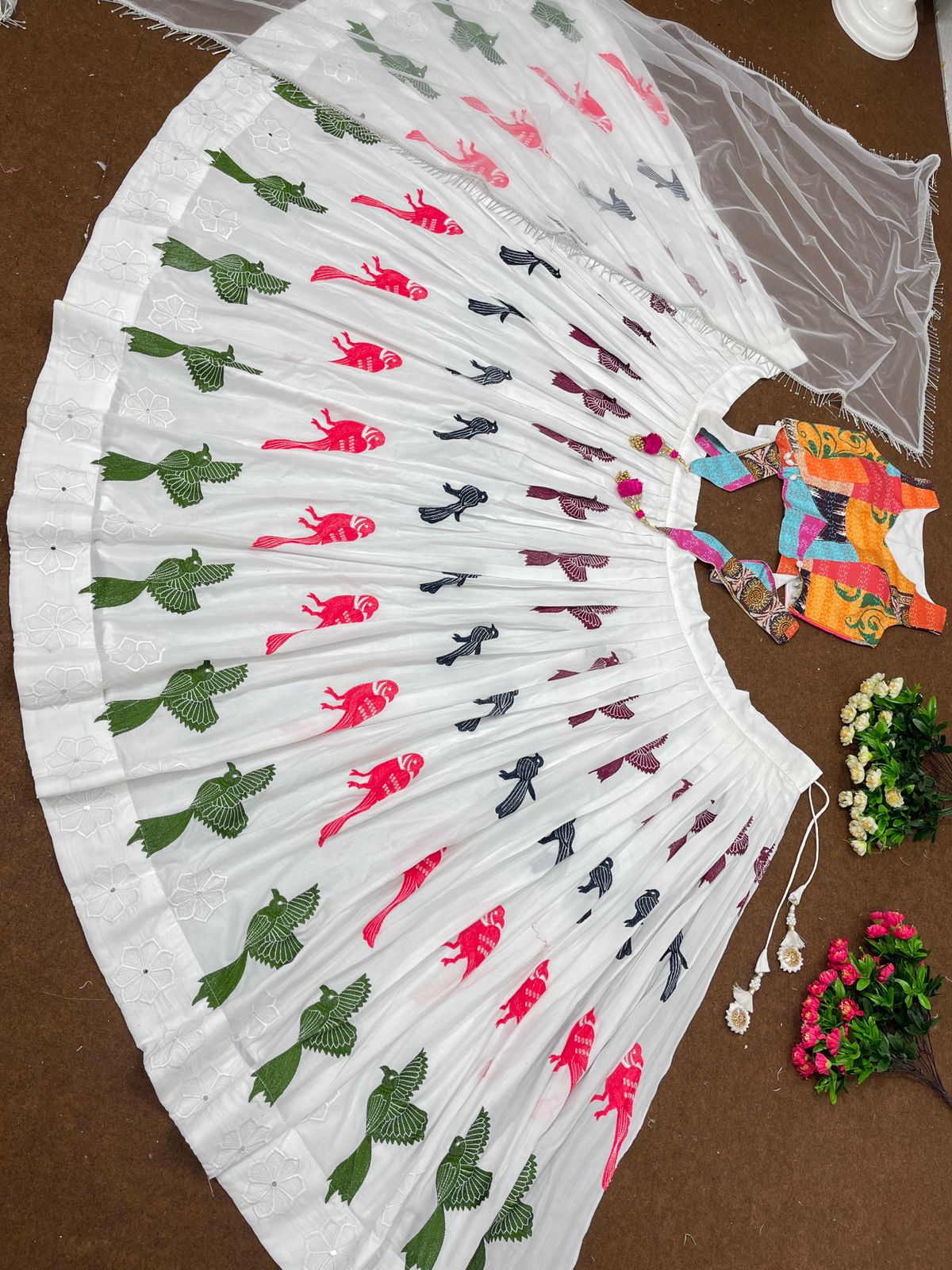 Birds Design White Lehenga With Multi Color Blouse