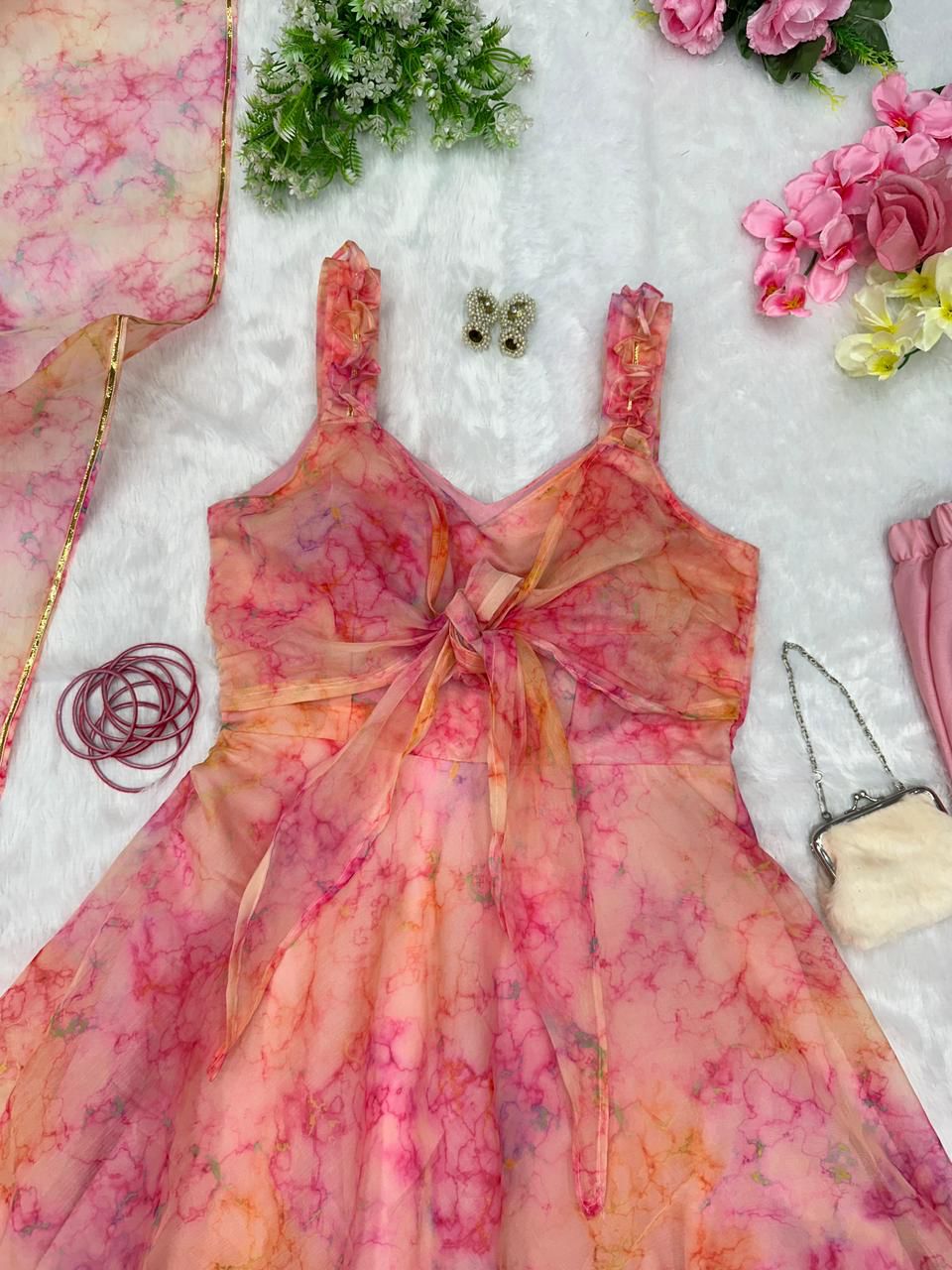 Superhit Peach Color Printed Organza Silk Gown