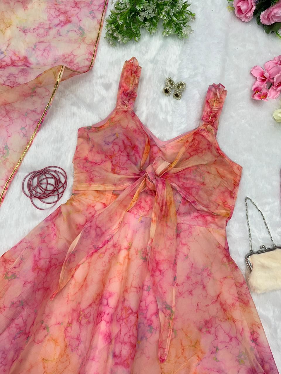 Superhit Peach Color Printed Organza Silk Gown