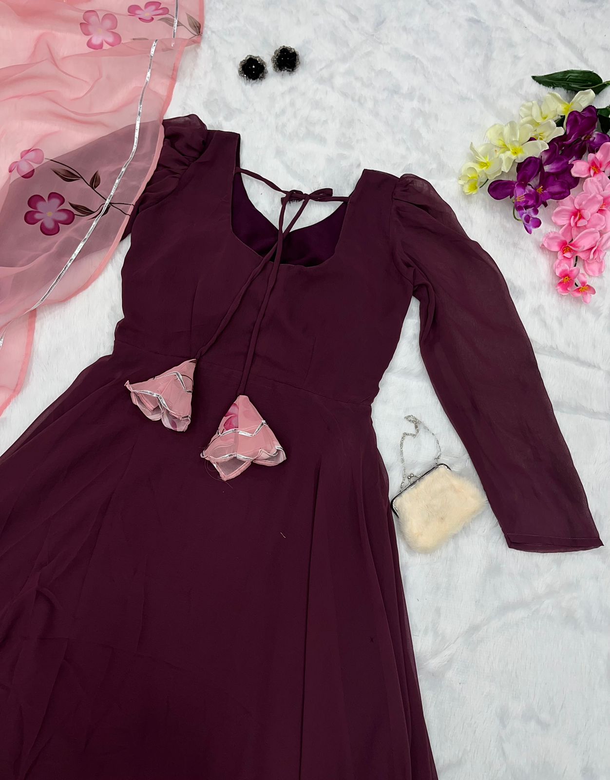 Classy maroon ajrakh combination gown with scallops neckline and all o –  Sujatra