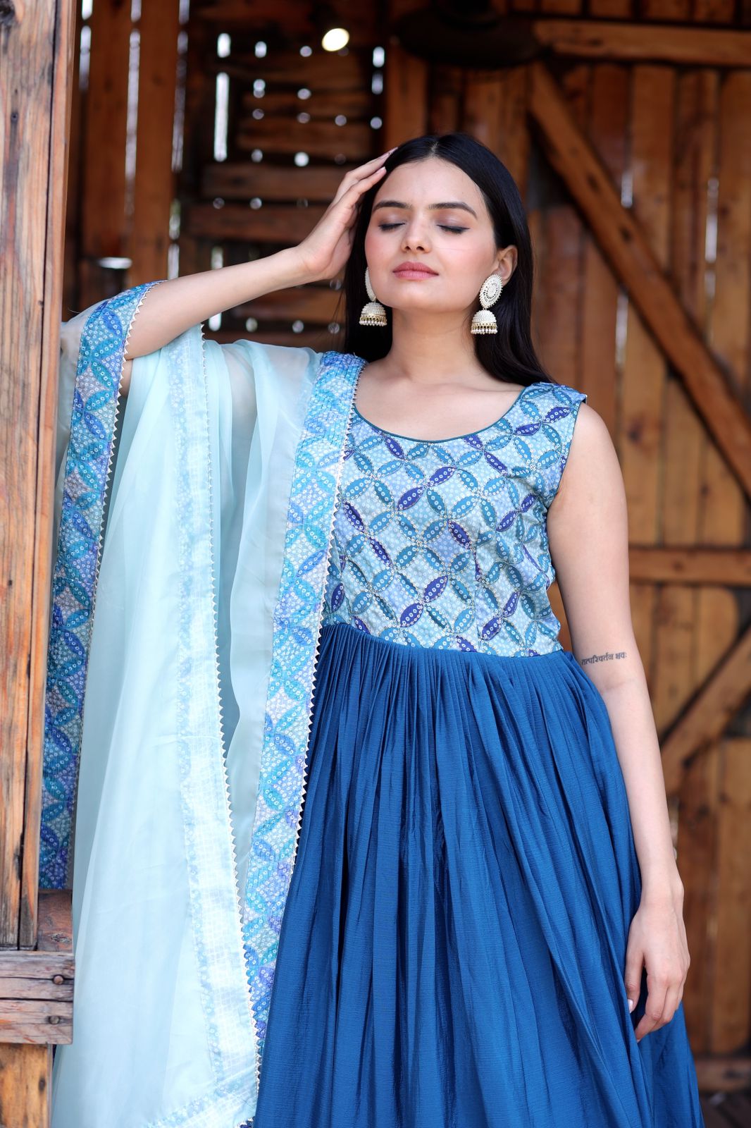 Flattering Position Print Work Blue Color Gown