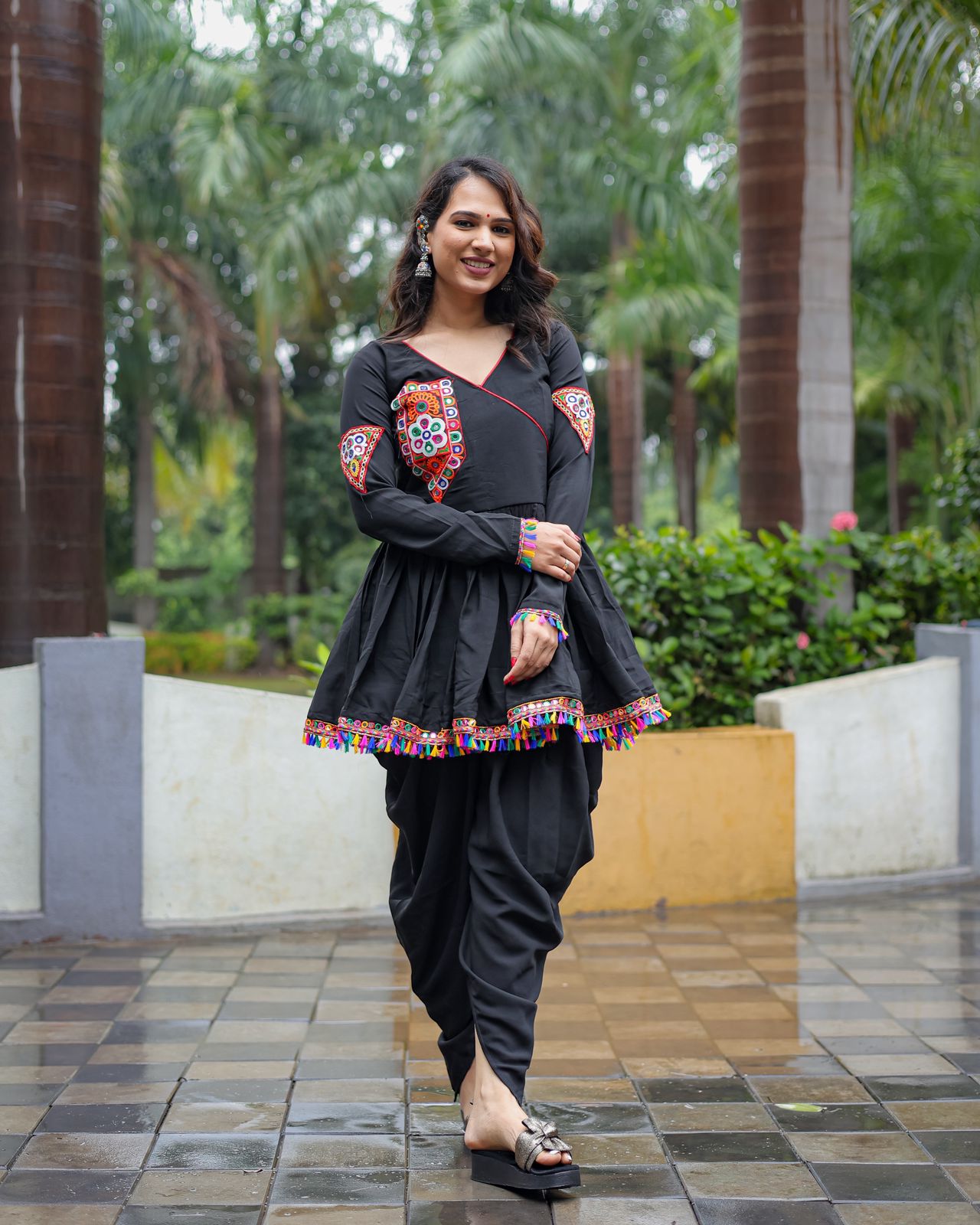 Navratri Wear Gamthi Work Black Color Dhoti Suit