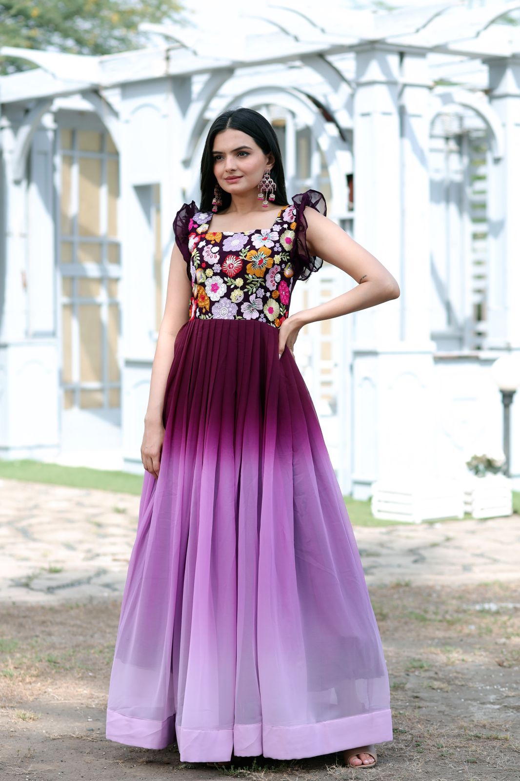 Wine Color Georgette Fabric Readymade Gown -- Miraamall - USA UK Canada