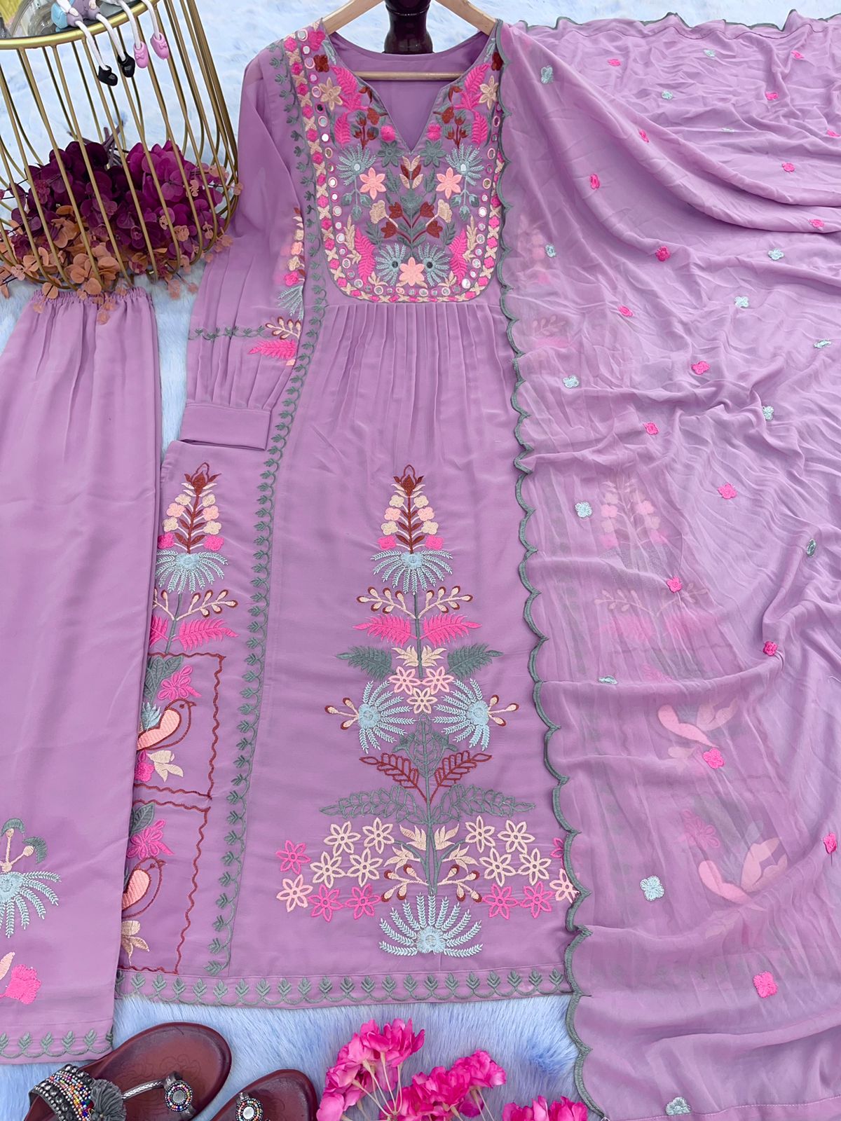 Stylish Lavender Color Embroidery Work Top With Palazzo Set