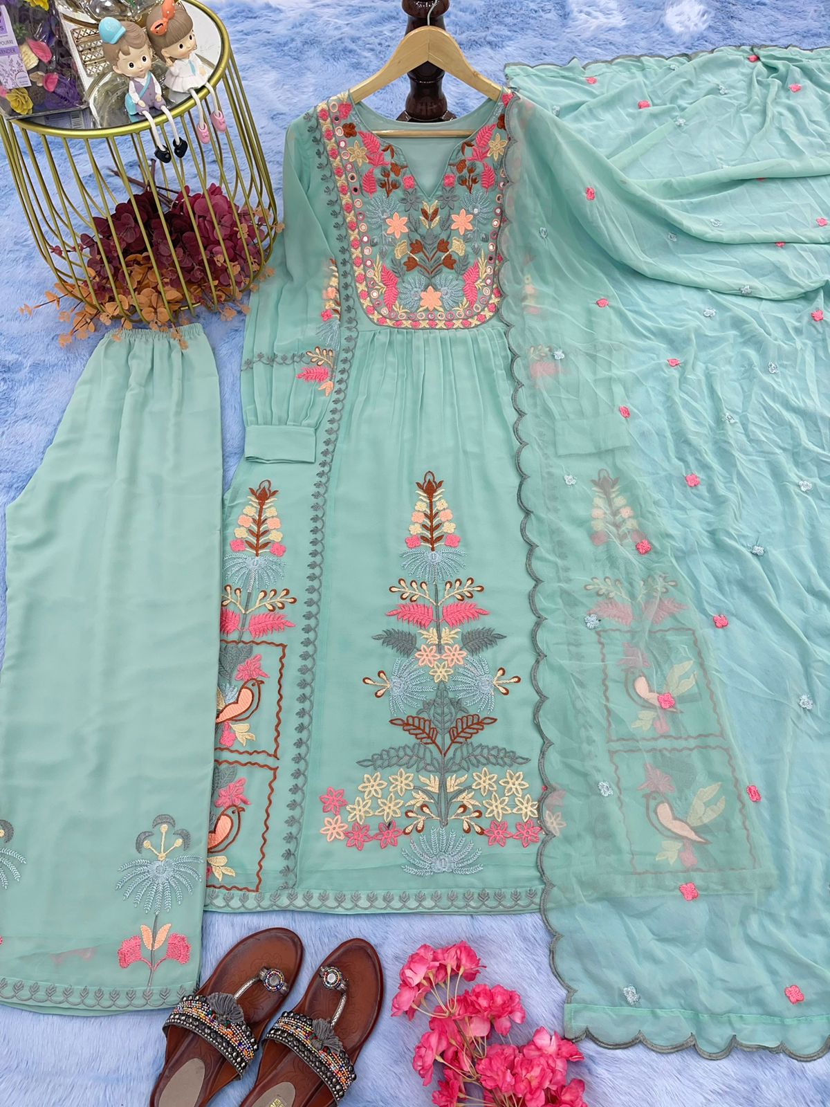 Stylish Pista Color Embroidery Work Top With Palazzo Set