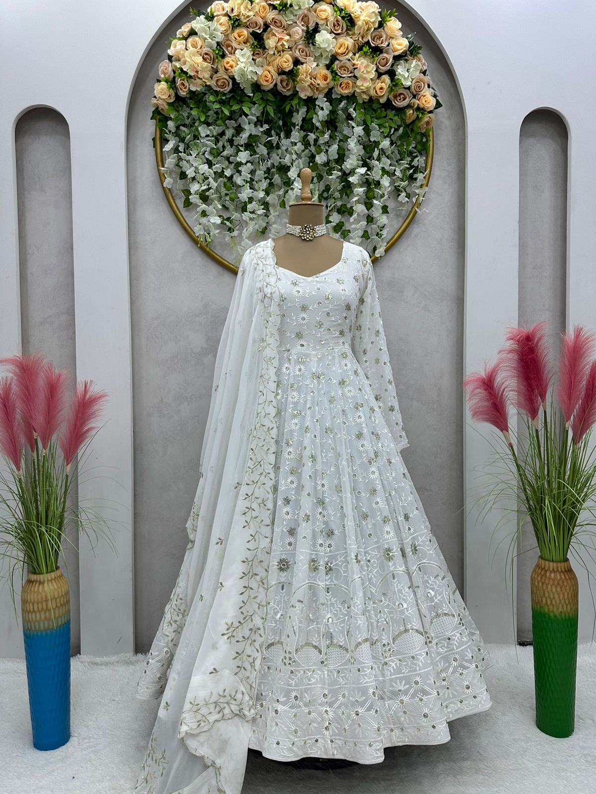Gorgeous White Color Thread And Sequence Work Gown