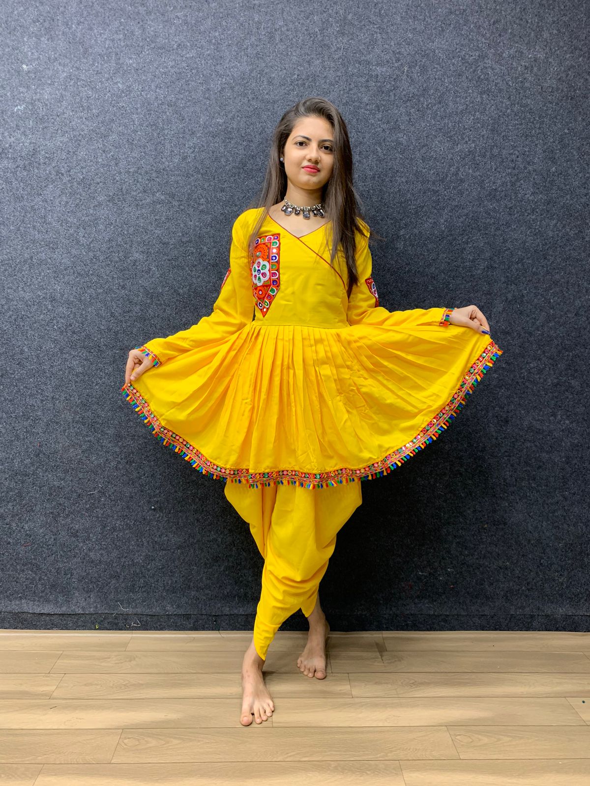 Sun Yellow Dhoti Suit In Crepe Silk And Matching Peplum Kurti | Fashion,  Dress design patterns, Salwar kameez designs
