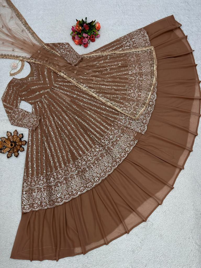 Delightful Sequence Thread Work Brown Top With Lehenga