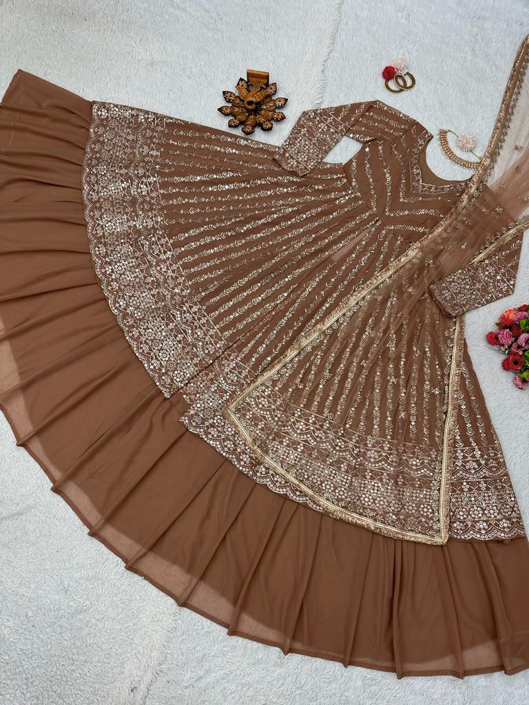 Delightful Sequence Thread Work Brown Top With Lehenga