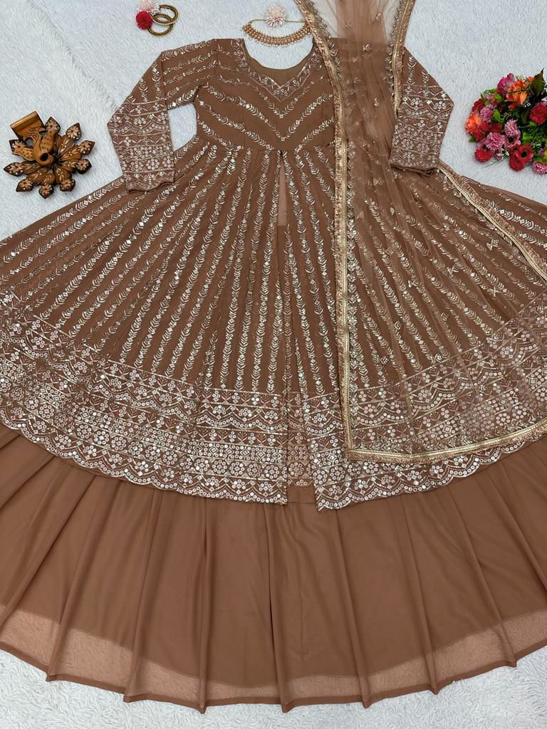 Delightful Sequence Thread Work Brown Top With Lehenga