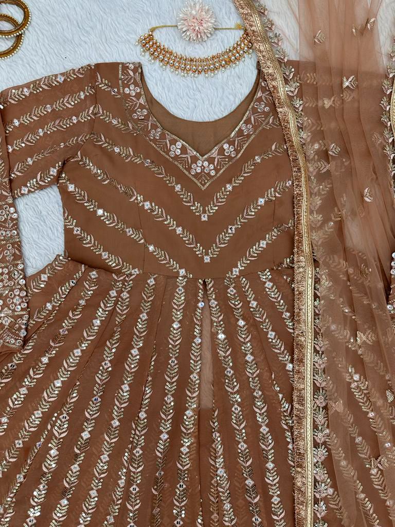 Delightful Sequence Thread Work Brown Top With Lehenga