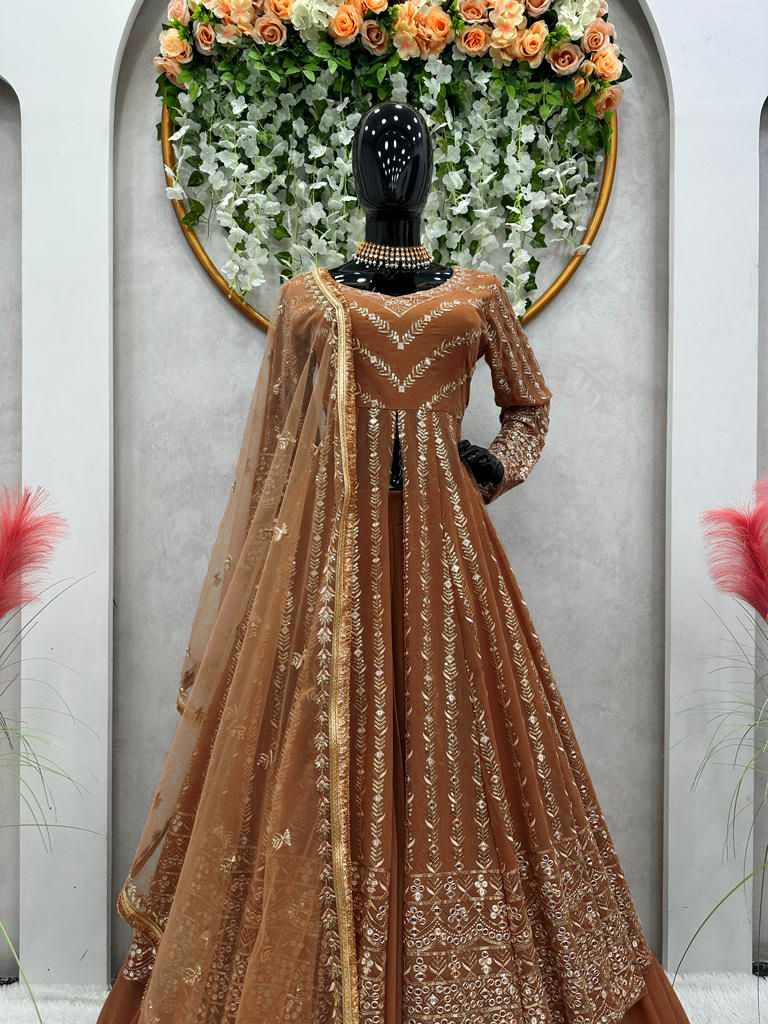 Delightful Sequence Thread Work Brown Top With Lehenga