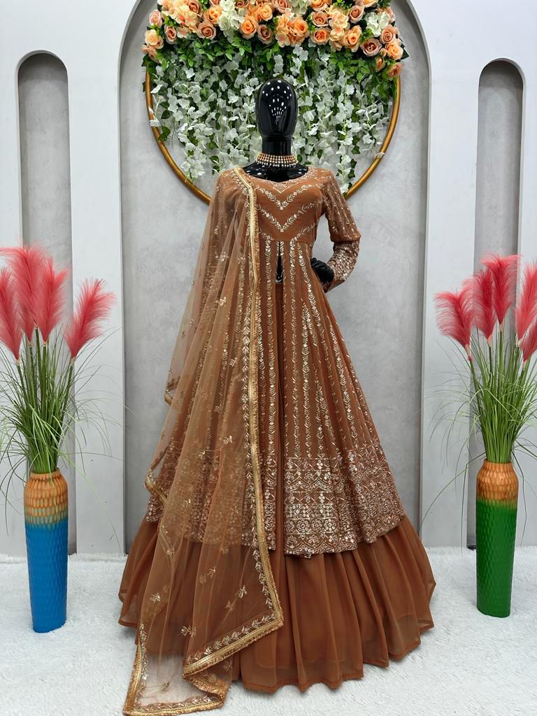 Delightful Sequence Thread Work Brown Top With Lehenga