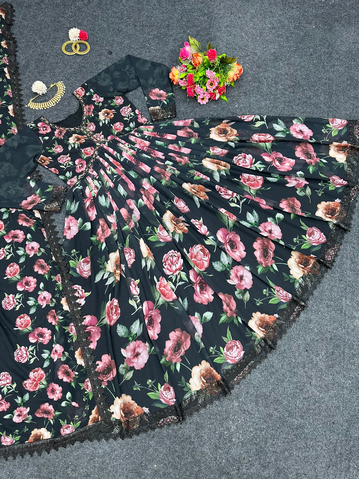 Hand Work With Digital Print Black Color Alia Cut Gown