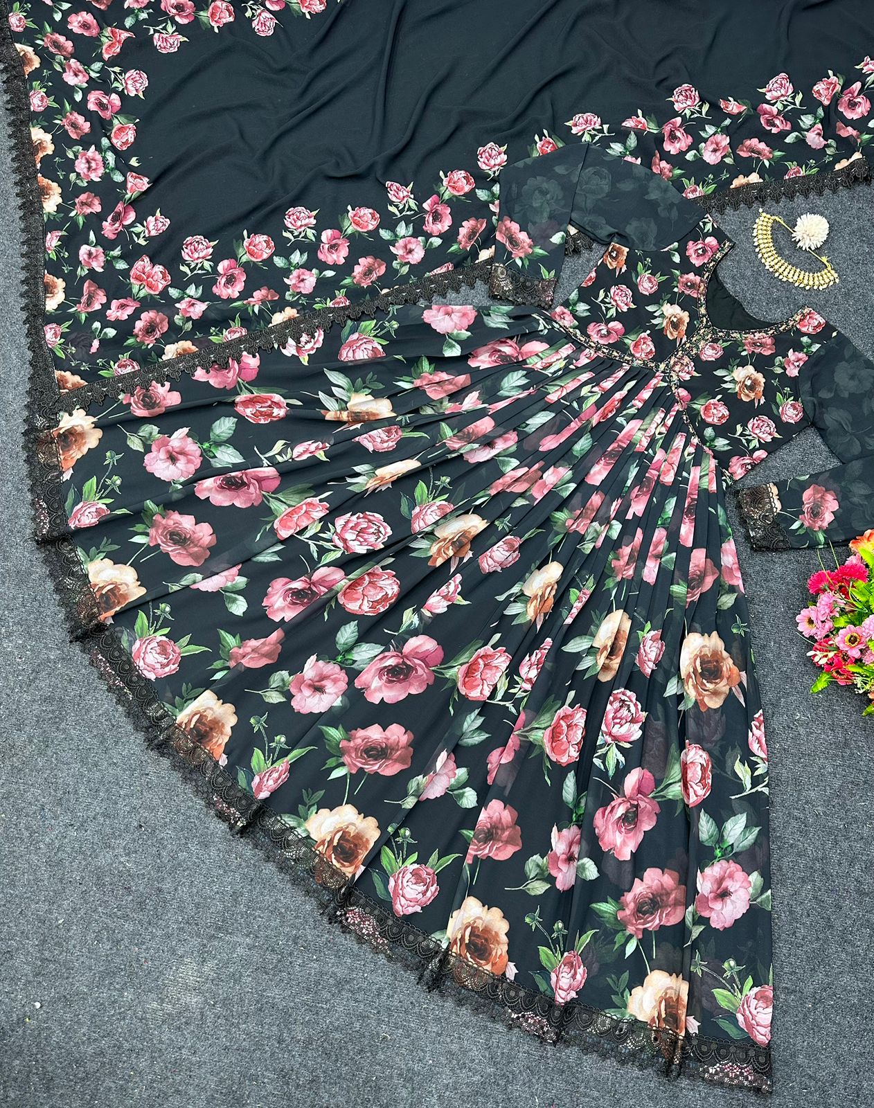 Hand Work With Digital Print Black Color Alia Cut Gown