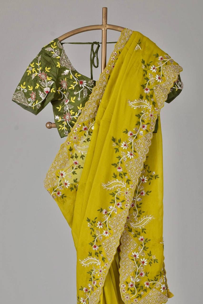 Fabulous Yellow Color Embroidery Sequence Work Saree