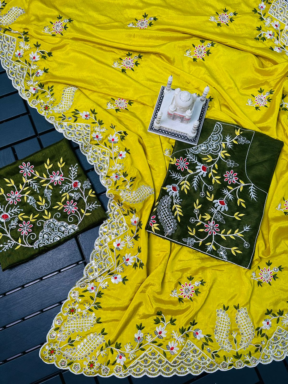 Fabulous Yellow Color Embroidery Sequence Work Saree