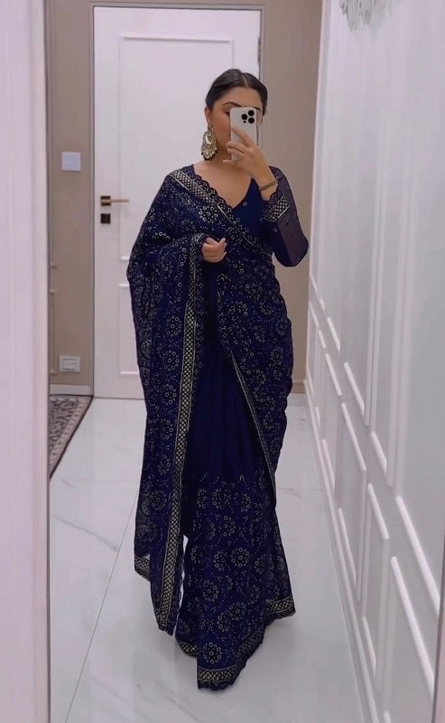 Ravishing Sequence Embroidered Work Navy Blue Color Saree