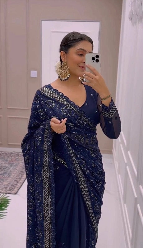 Ravishing Sequence Embroidered Work Navy Blue Color Saree